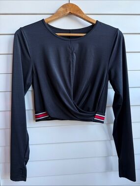FABLETICS Twist-Front Black Long-Sleeve Crop with Stripe Hem